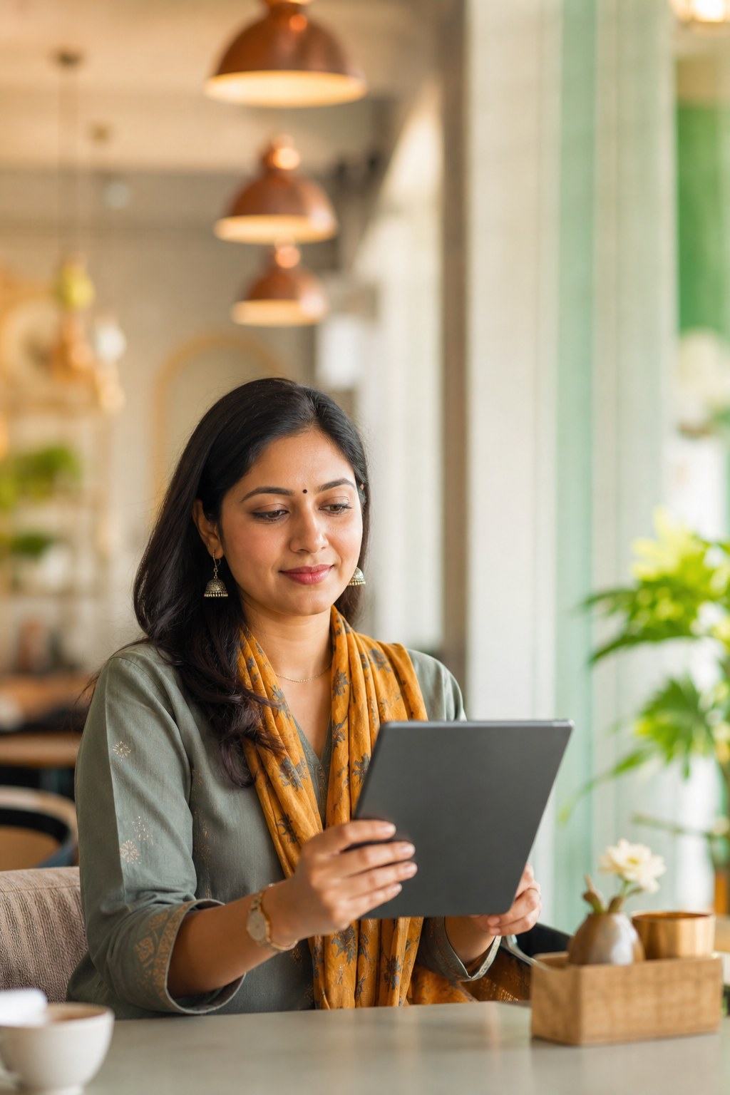Woman thoughtfully reviewing matrimony profiles in a café